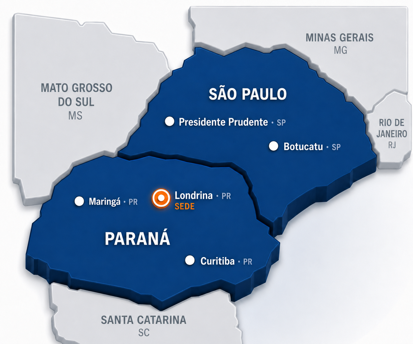 Mapa em relevo dos estados do Paraná e São Paulo com as cidades atendidas pela Save: Maringá, Londrina (sede), Curitiba, Presidente Prudente e Botucatu